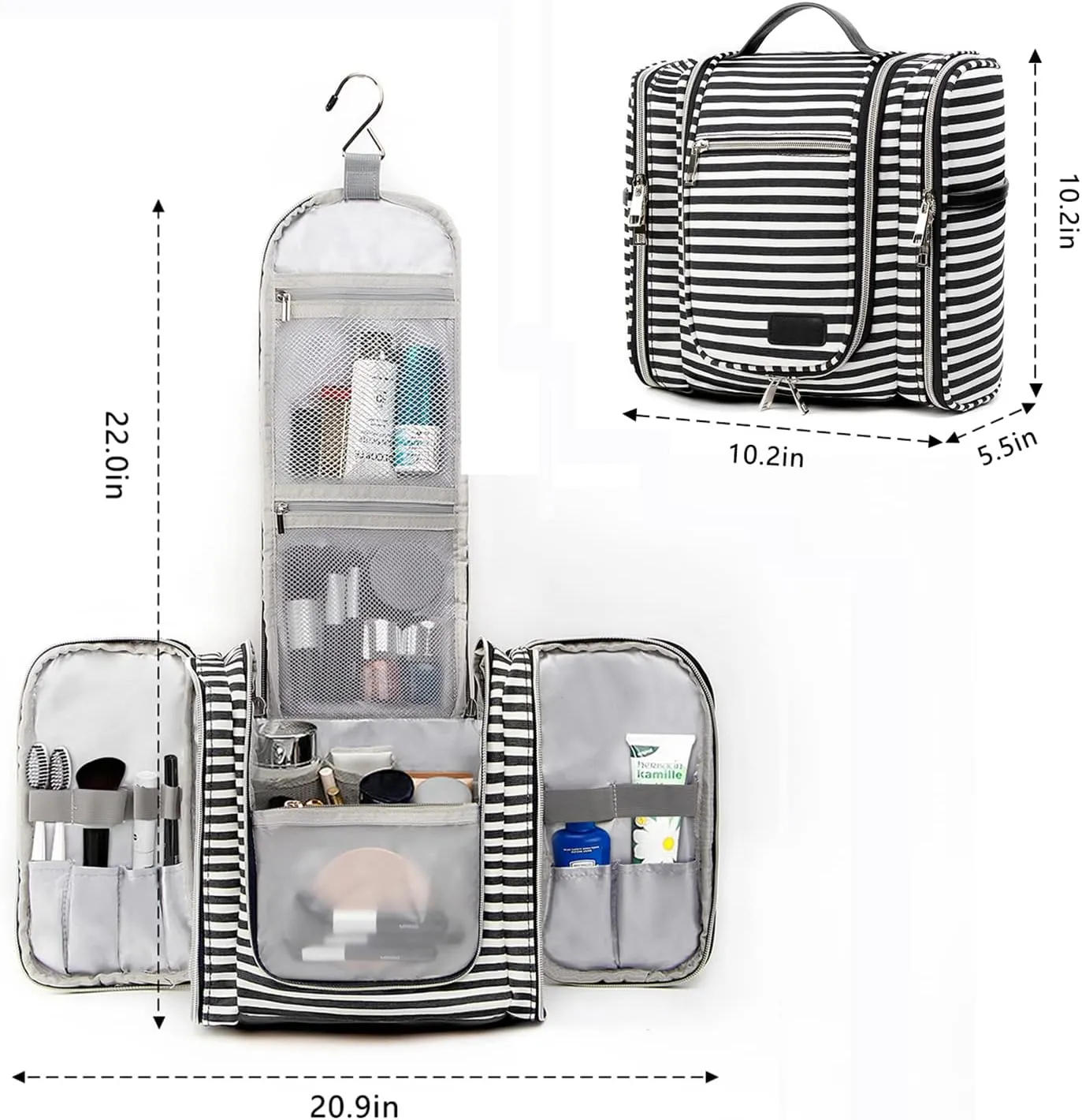 Pearl Angeli Hanging Travel Toiletry Bag for Women Men Water Resistant Travel Makeup Organizer Bag Large Capacity Travel Cosmetic Bag for Full Sized Container Toiletries, Black