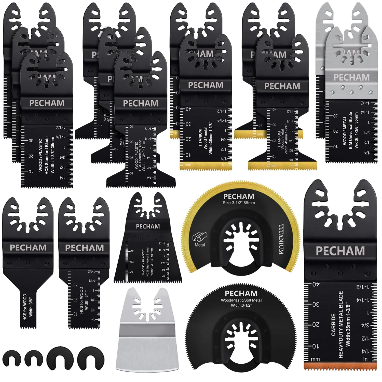 PECHAM 23PCS Titanium & Carbide Multitool Blades Oscillating Tool Saw Blades Heavy Duty for Hard Material, Metal/Steel Nails/Bolts/Screws Fit Most Oscillating Tools