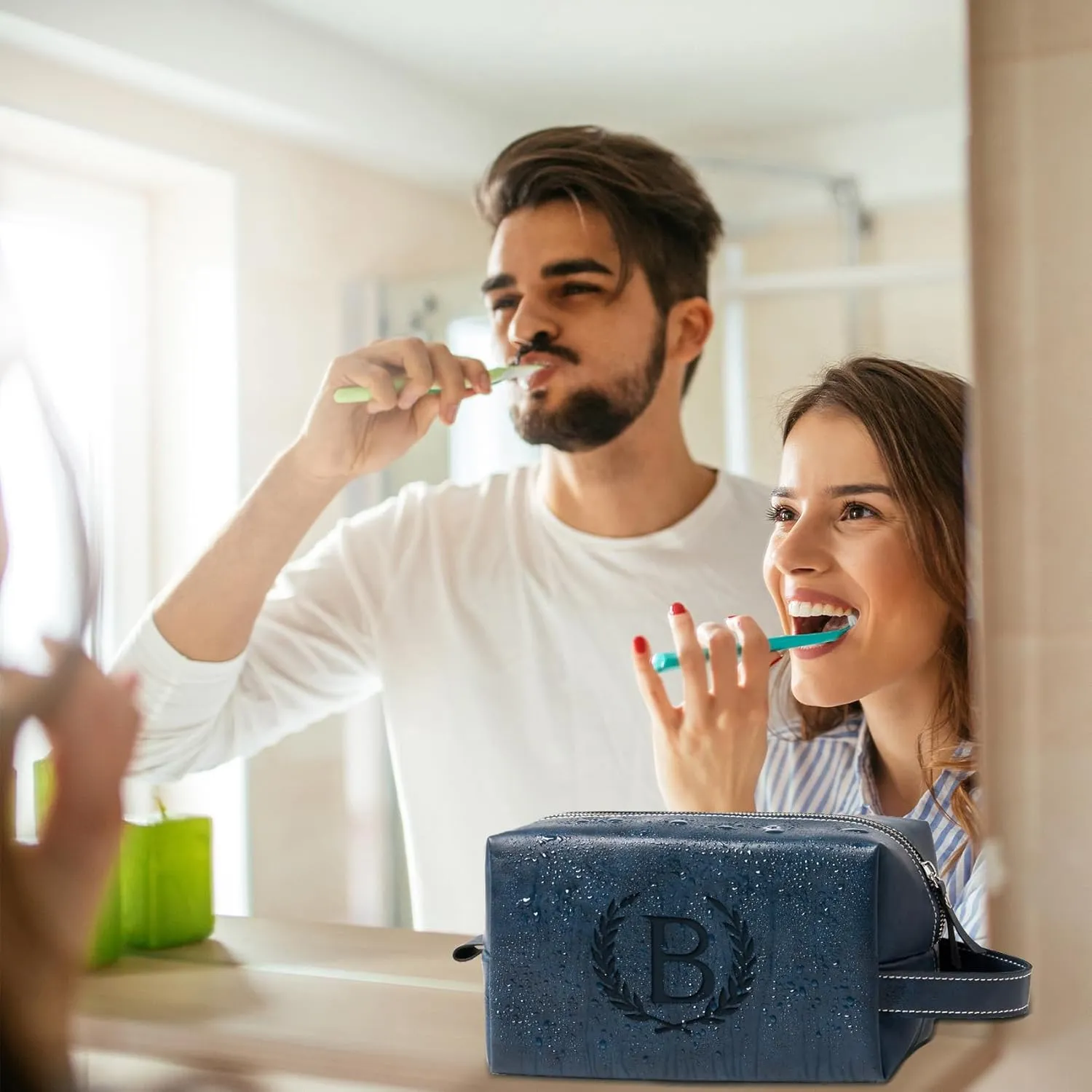 Personalized Gifts Travel Toiletry Bag for Men Engraved Initial PU Leather Waterproof Shaving Bag for Toiletries Accessories Fathers Day Birthday Gift for Men Dad Husband Son, Dark Blue A