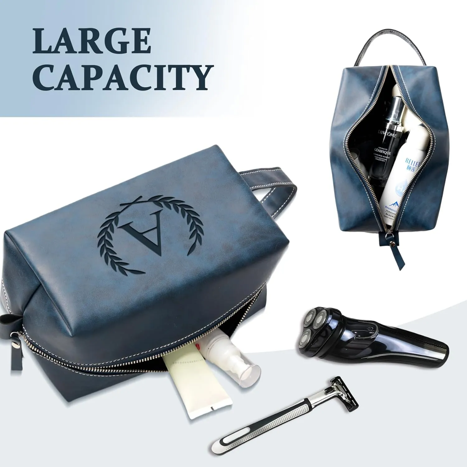 Personalized Gifts Travel Toiletry Bag for Men Engraved Initial PU Leather Waterproof Shaving Bag for Toiletries Accessories Fathers Day Birthday Gift for Men Dad Husband Son, Dark Blue A