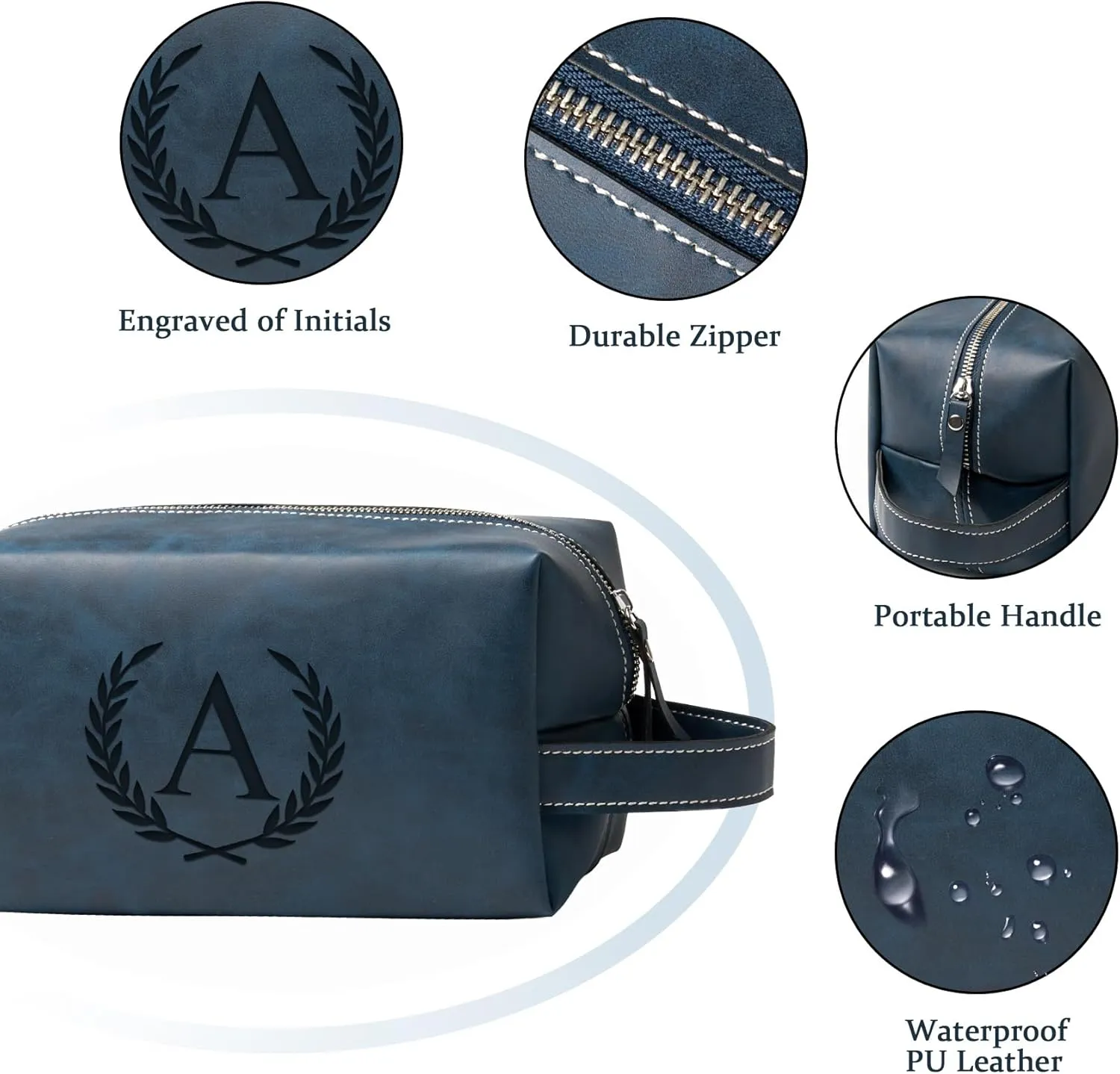 Personalized Gifts Travel Toiletry Bag for Men Engraved Initial PU Leather Waterproof Shaving Bag for Toiletries Accessories Fathers Day Birthday Gift for Men Dad Husband Son, Dark Blue A