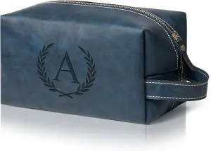 Personalized Gifts Travel Toiletry Bag for Men Engraved Initial PU Leather Waterproof Shaving Bag for Toiletries Accessories Fathers Day Birthday Gift for Men Dad Husband Son, Dark Blue A