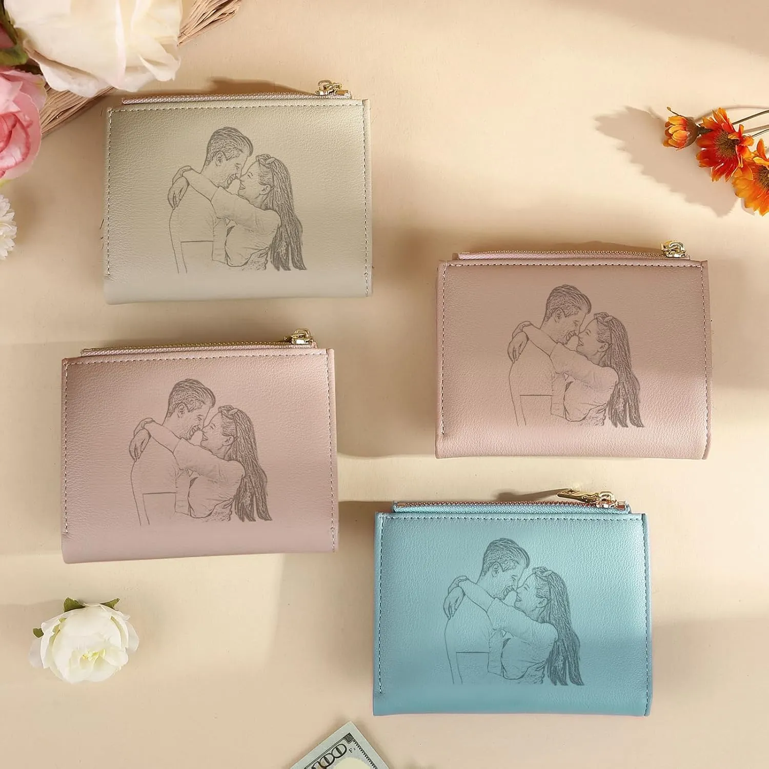 Personalized Photo Small Wallets for Women: Custom Name Picture Leather Womens Wallet - Zipper Coin Pocket Trifold Wallet - Birthday Mothers Day Christmas Gifts for Mom Grandma Ladies (Pink-1)