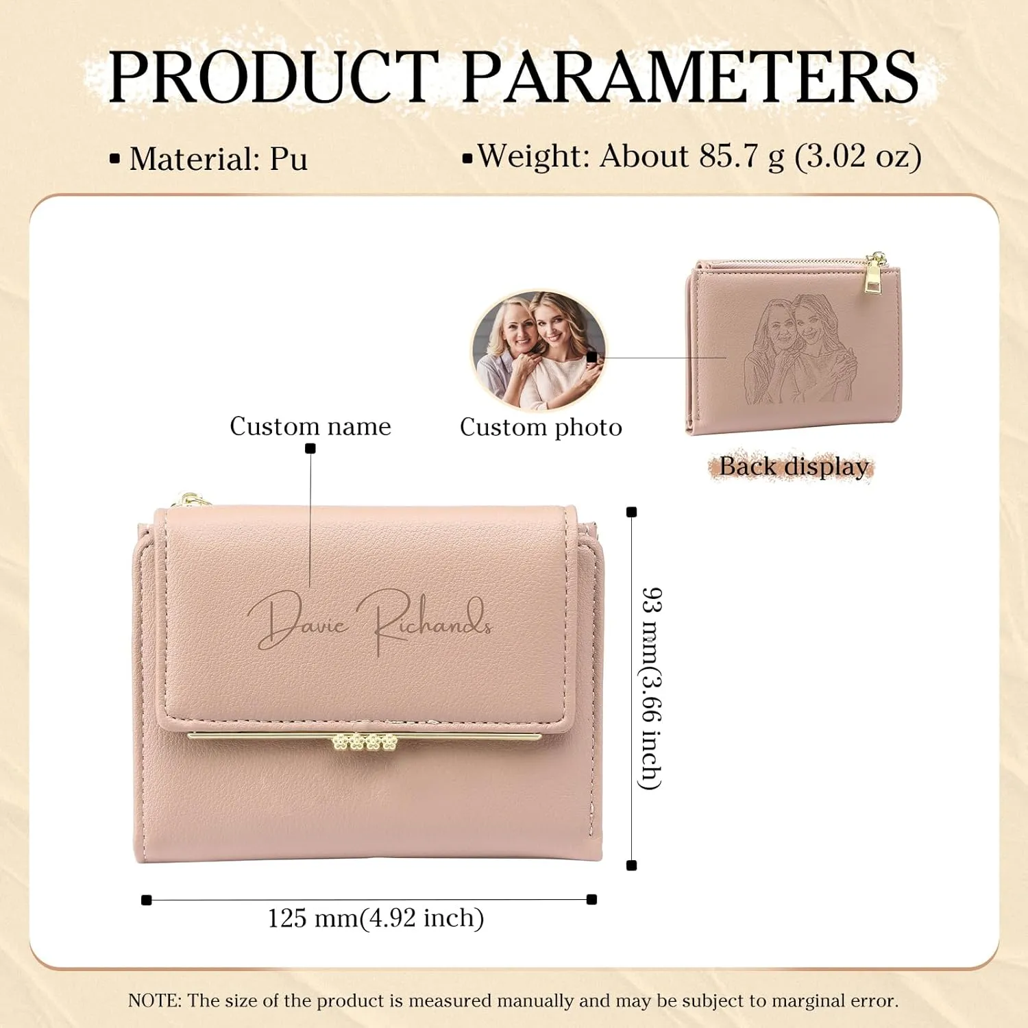 Personalized Photo Small Wallets for Women: Custom Name Picture Leather Womens Wallet - Zipper Coin Pocket Trifold Wallet - Birthday Mothers Day Christmas Gifts for Mom Grandma Ladies (Pink-1)