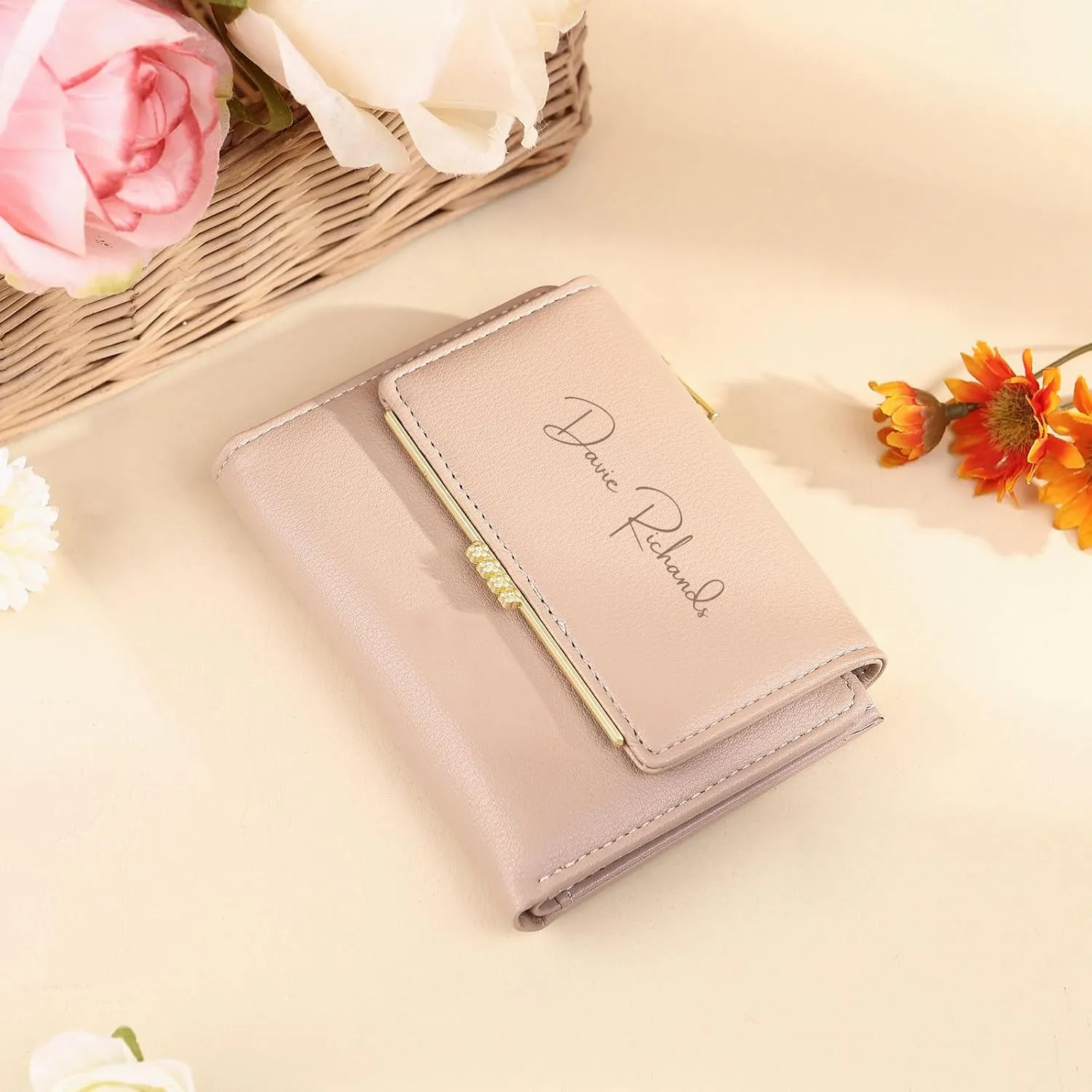 Personalized Photo Small Wallets for Women: Custom Name Picture Leather Womens Wallet - Zipper Coin Pocket Trifold Wallet - Birthday Mothers Day Christmas Gifts for Mom Grandma Ladies (Pink-1)