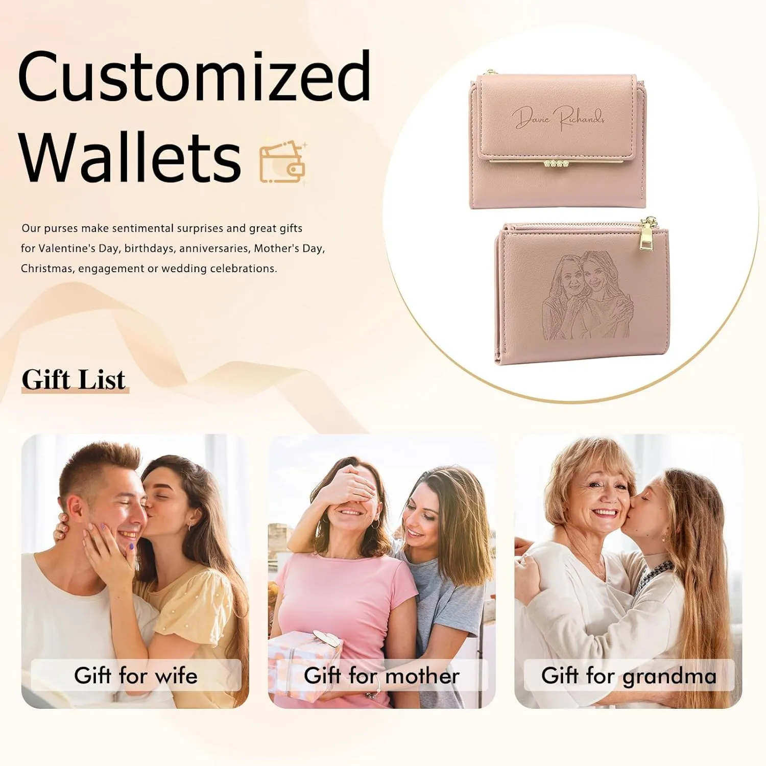 Personalized Photo Small Wallets for Women: Custom Name Picture Leather Womens Wallet - Zipper Coin Pocket Trifold Wallet - Birthday Mothers Day Christmas Gifts for Mom Grandma Ladies (Pink-1)