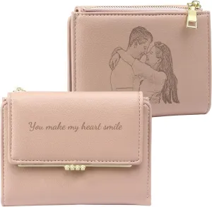 Personalized Photo Small Wallets for Women: Custom Name Picture Leather Womens Wallet - Zipper Coin Pocket Trifold Wallet - Birthday Mothers Day Christmas Gifts for Mom Grandma Ladies (Pink-1)