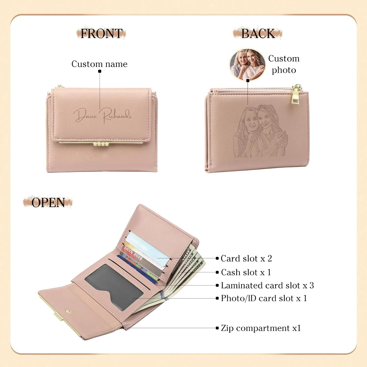 Personalized Photo Small Wallets for Women: Custom Name Picture Leather Womens Wallet - Zipper Coin Pocket Trifold Wallet - Birthday Mothers Day Christmas Gifts for Mom Grandma Ladies (Pink-1)