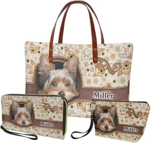 Personalized Purse 3 Pcs Custom Purse and Wallet Set with Makeup Bag Customized Tote Bag with Name for Women