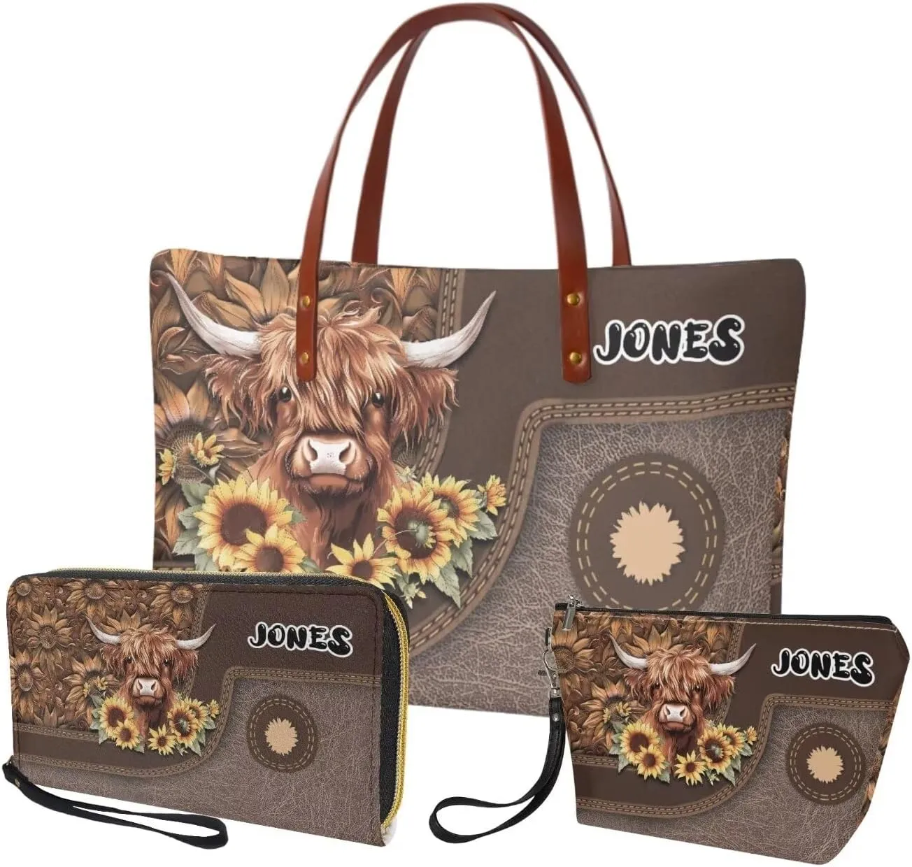 Personalized Purse 3 Pcs Custom Purse and Wallet Set with Makeup Bag Customized Tote Bag with Name for Women