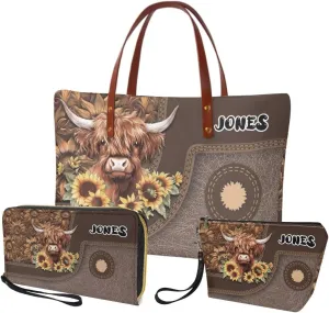Personalized Purse 3 Pcs Custom Purse and Wallet Set with Makeup Bag Customized Tote Bag with Name for Women