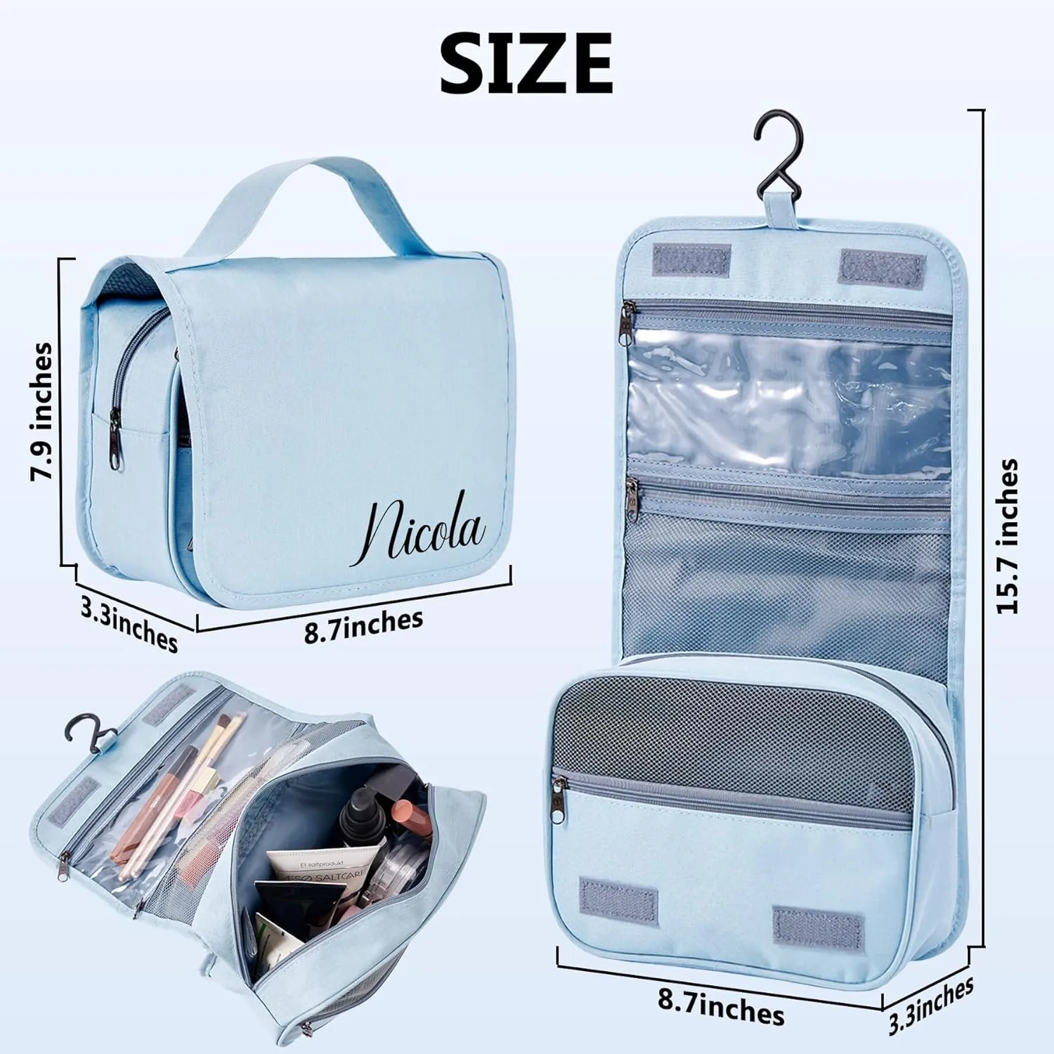 Personalized Toiletry Bag - Large Capacity Cosmetic Bag with Hanging Hook,Waterproof Travel Makeup Bag,Makeup Organizer for Women,Travel Essentials