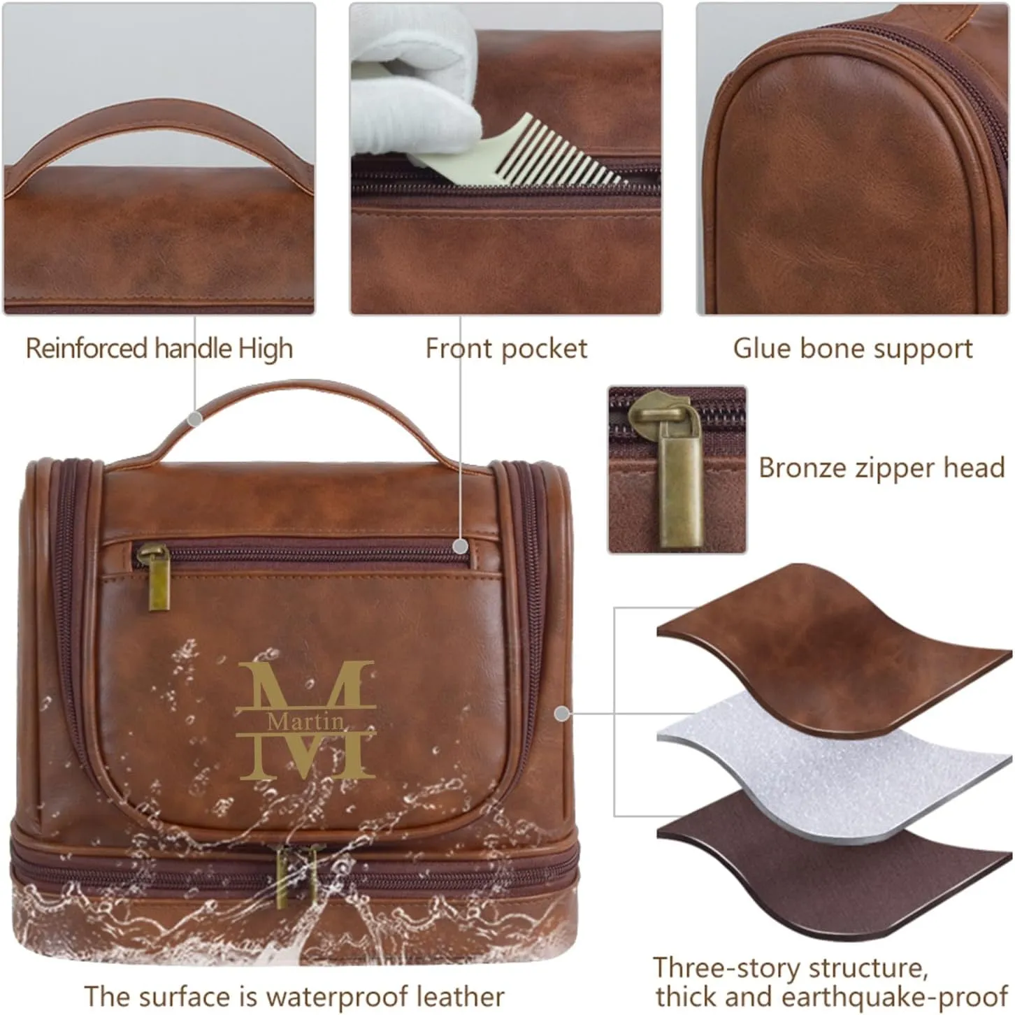 Personalized Toiletry Bag Leather Shaving Dopp Kit Bag for Men Hanging Makeup Bag Hanging Cosmetic Organizer Kit