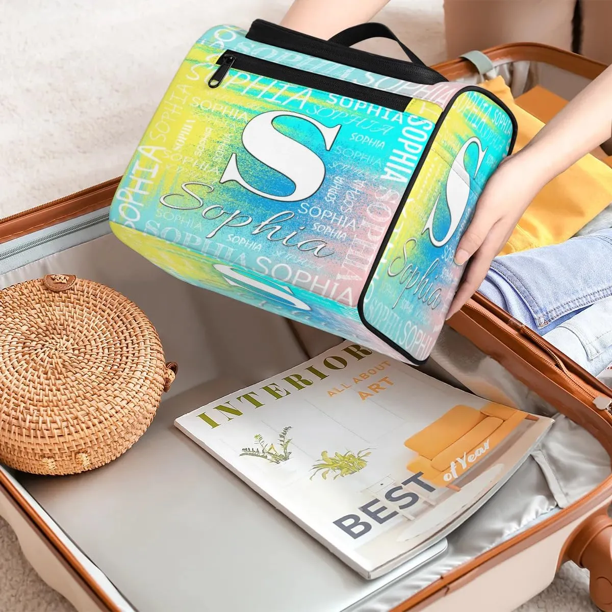 Personalized Travel Toiletry Bag for Women and Men, Hanging Travel Bag for Toiletries, Custom Makeup Organizer Bag for Cosmetics, Customized with Name Birthdays Gifts, Blue Yellow Pinks