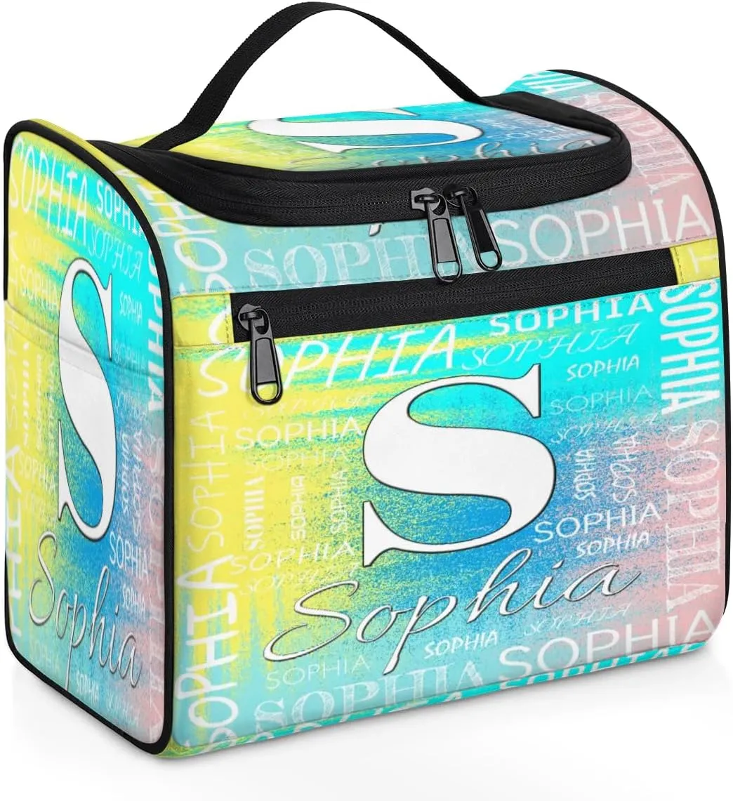 Personalized Travel Toiletry Bag for Women and Men, Hanging Travel Bag for Toiletries, Custom Makeup Organizer Bag for Cosmetics, Customized with Name Birthdays Gifts, Blue Yellow Pinks