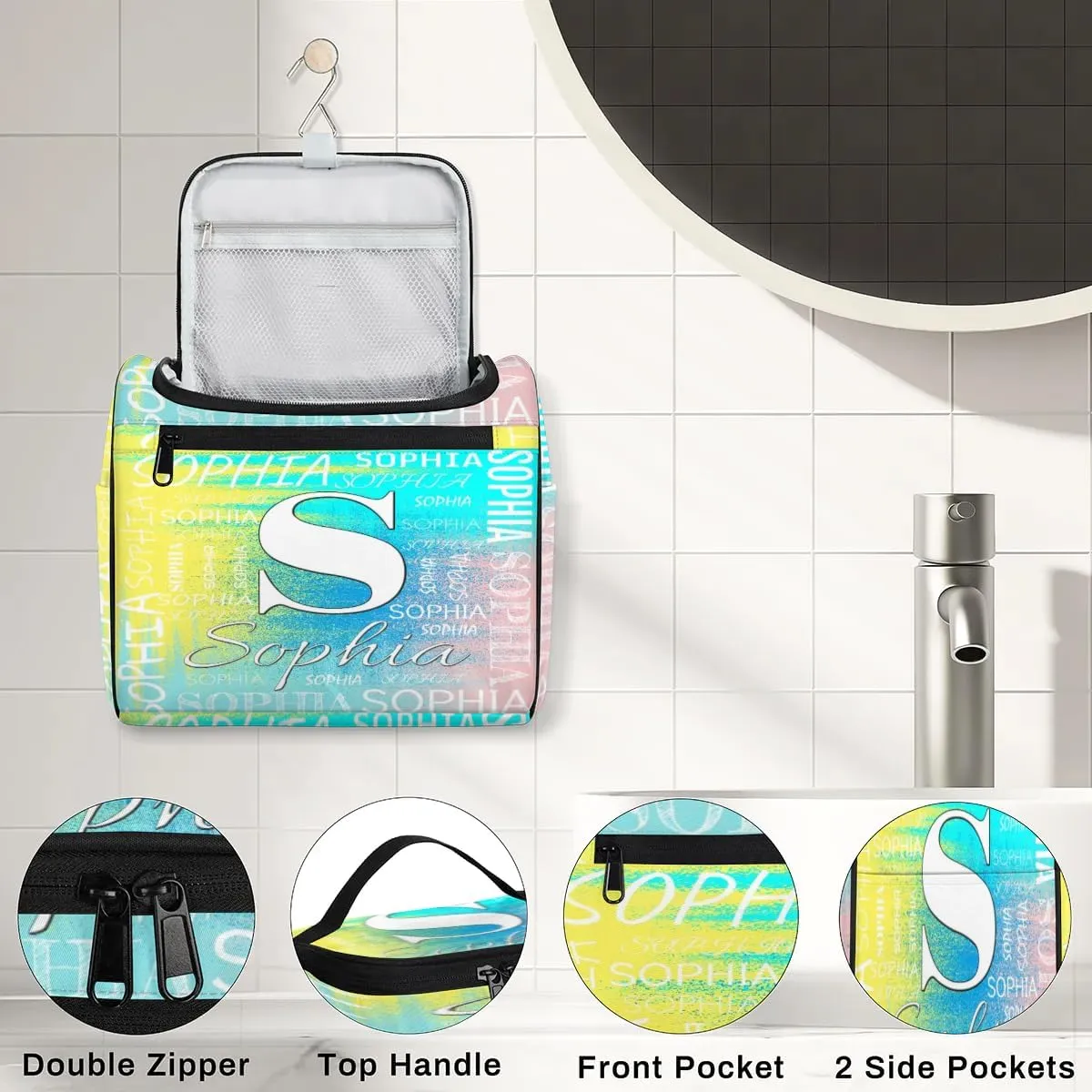 Personalized Travel Toiletry Bag for Women and Men, Hanging Travel Bag for Toiletries, Custom Makeup Organizer Bag for Cosmetics, Customized with Name Birthdays Gifts, Blue Yellow Pinks