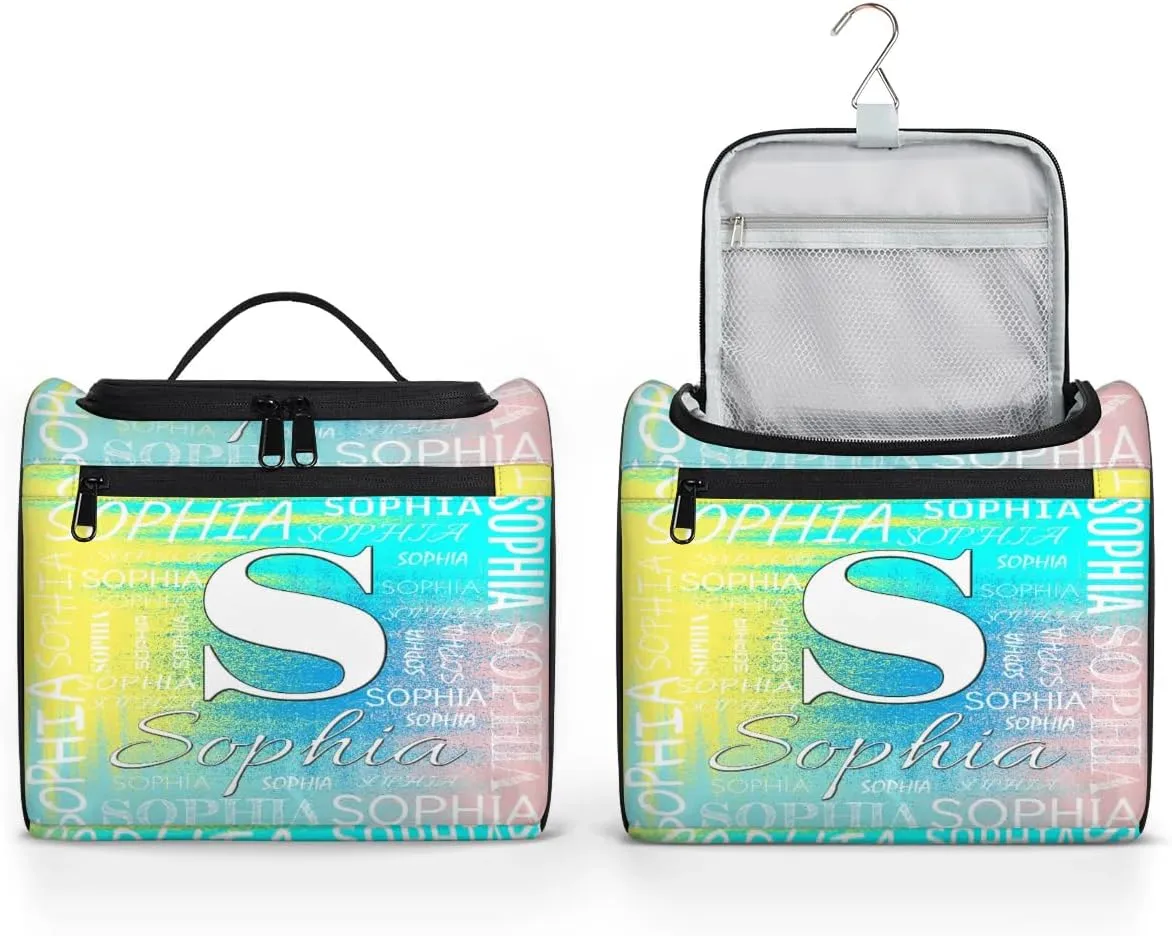 Personalized Travel Toiletry Bag for Women and Men, Hanging Travel Bag for Toiletries, Custom Makeup Organizer Bag for Cosmetics, Customized with Name Birthdays Gifts, Blue Yellow Pinks