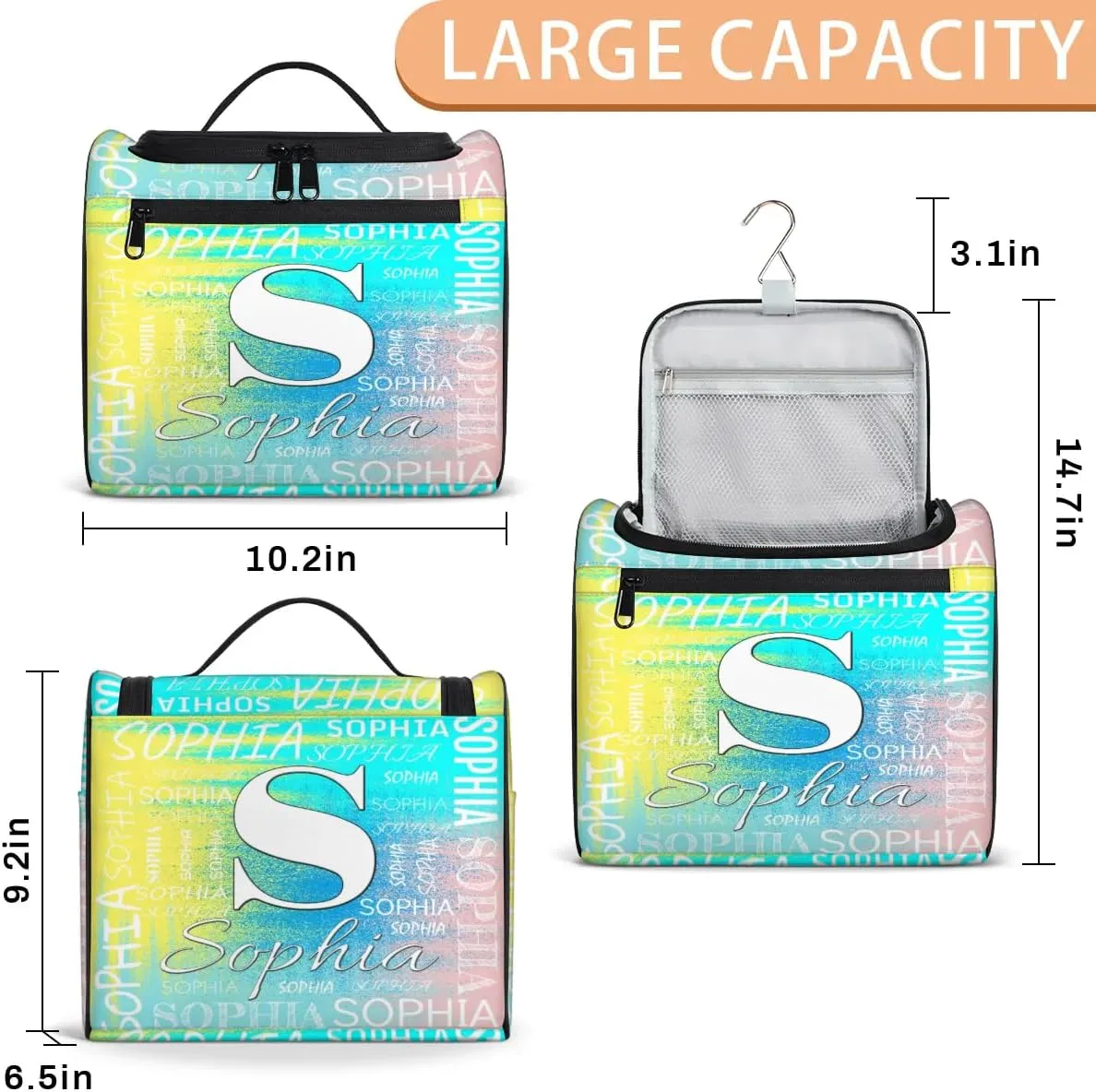Personalized Travel Toiletry Bag for Women and Men, Hanging Travel Bag for Toiletries, Custom Makeup Organizer Bag for Cosmetics, Customized with Name Birthdays Gifts, Blue Yellow Pinks