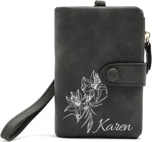 Personalized Wallet Custom Birth Flower & Name, Small Leather Wallet Coin Purse Card Holder for Women Teen Girls Customized Gifts for Birthday Christmas Thanksgiving Anniversary Mothers Day