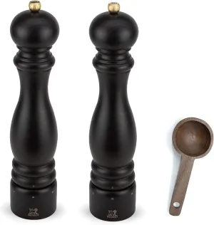 Peugeot Paris u'Select 6 Setting Manual beechwood Salt & Pepper Mill Set With Wooden Spice Scoop Made In France (Chocolate, 12- Inch)
