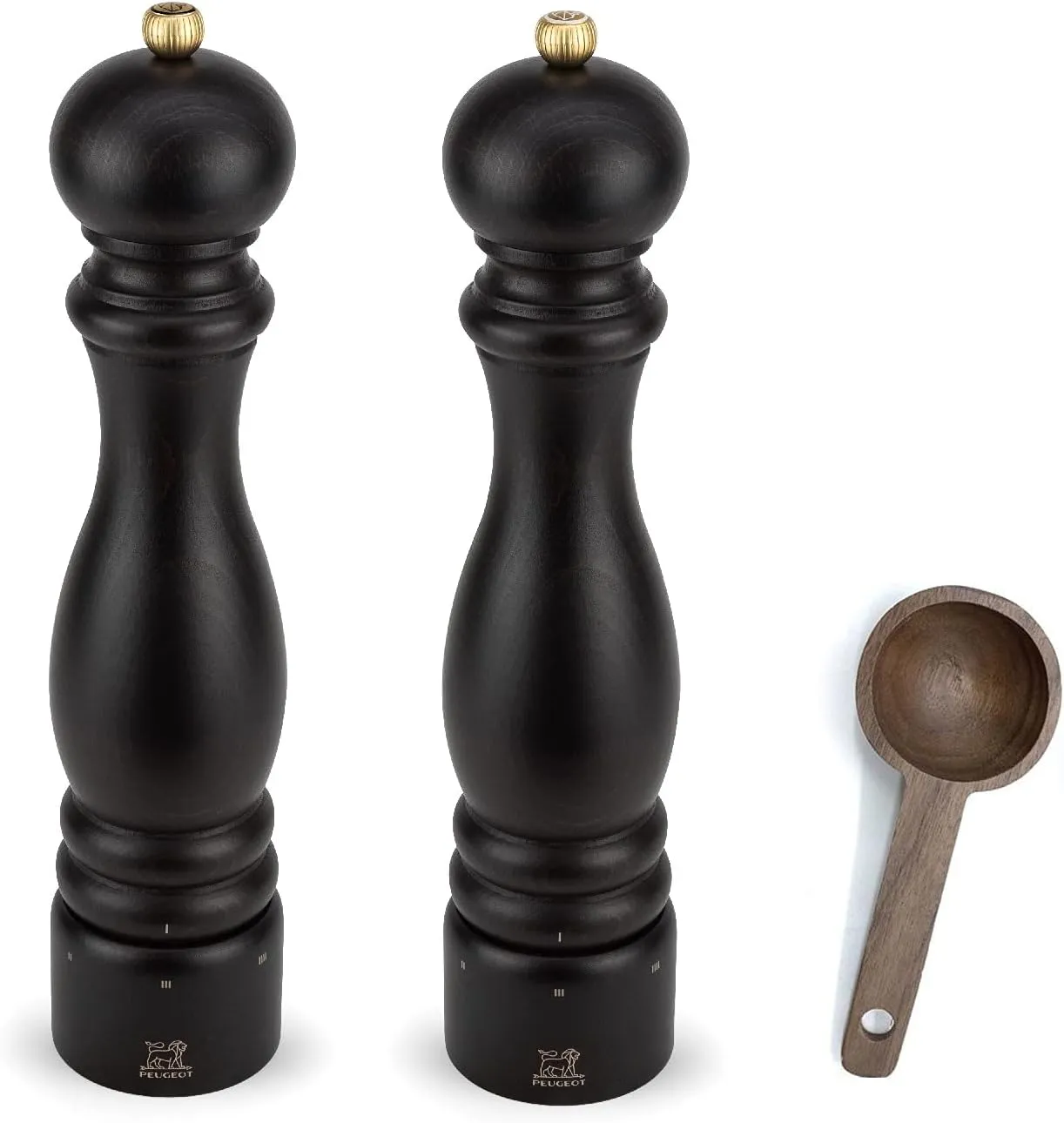 Peugeot Paris u'Select 6 Setting Manual beechwood Salt & Pepper Mill Set With Wooden Spice Scoop Made In France (Chocolate, 12- Inch)