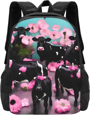 Pink Flower Show Steer Cows Print Lightweight Design Travel Backpack Carry On Flight Approved-Laptop Backpack,Personal Item Travel Bag