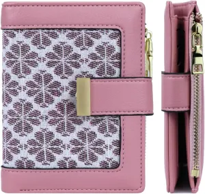 Pink RFID Blocking Wallet for Women Small Leather Coin Purse with Flower Design Minimalist Credit Card Holder and ID Window Cute Travel Cash Wallet for Women