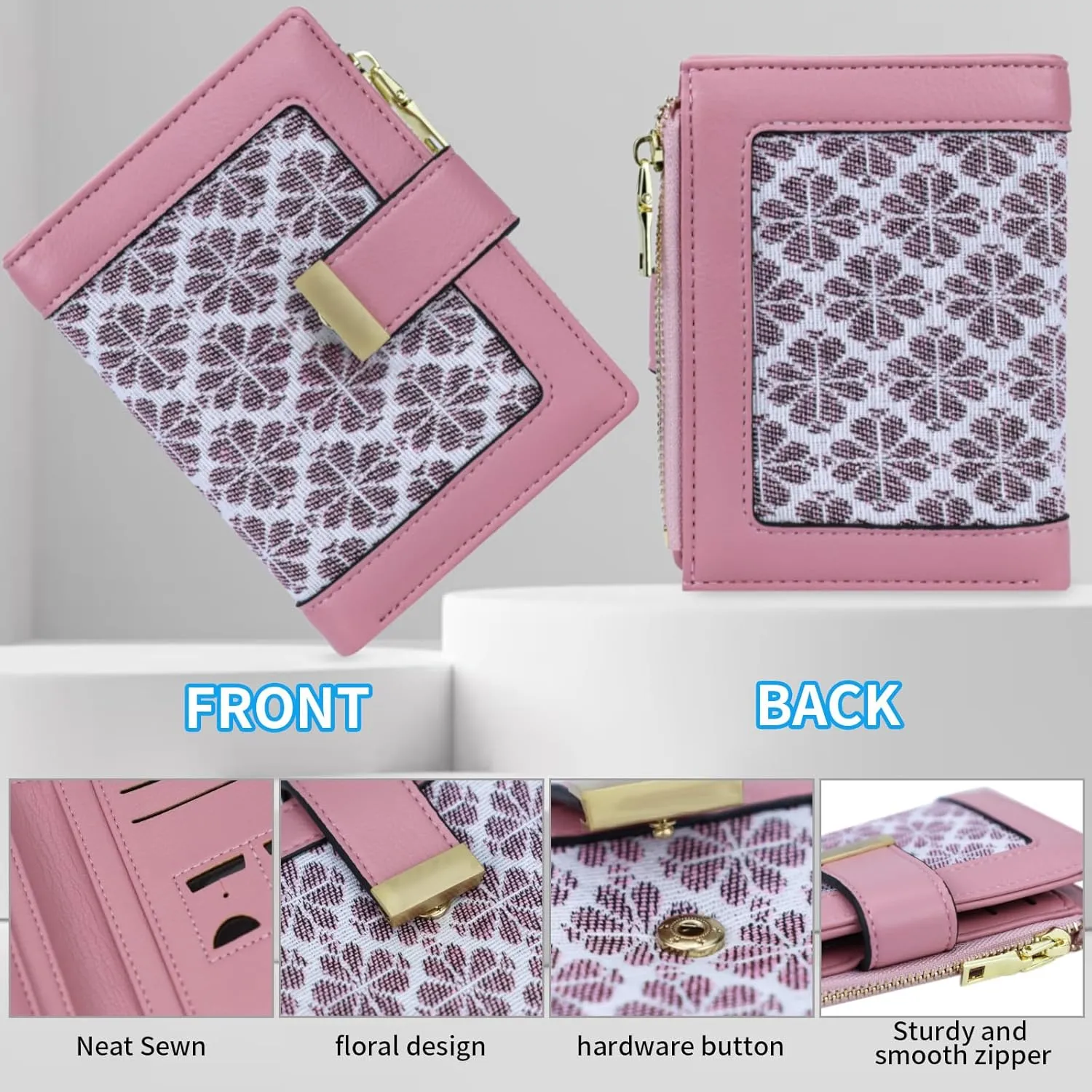 Pink RFID Blocking Wallet for Women Small Leather Coin Purse with Flower Design Minimalist Credit Card Holder and ID Window Cute Travel Cash Wallet for Women
