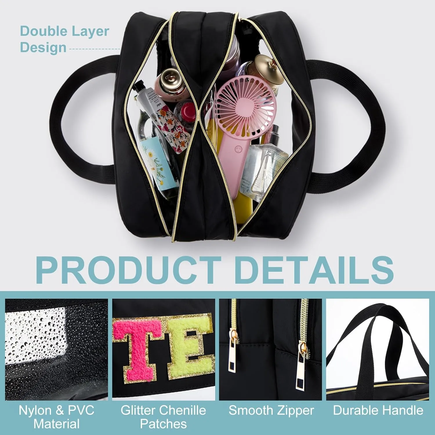 Pinkunn Large Clear Chenille Letter Bag Double Layer Makeup Patches Cosmetic Bag Zipper Pouch for Travel Waterproof Nylon Toiletry Makeup Supplies for Women Girls(Black,Teach)