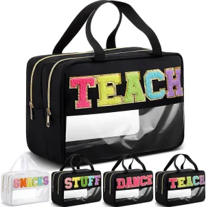 Pinkunn Large Clear Chenille Letter Bag Double Layer Makeup Patches Cosmetic Bag Zipper Pouch for Travel Waterproof Nylon Toiletry Makeup Supplies for Women Girls(Black,Teach)
