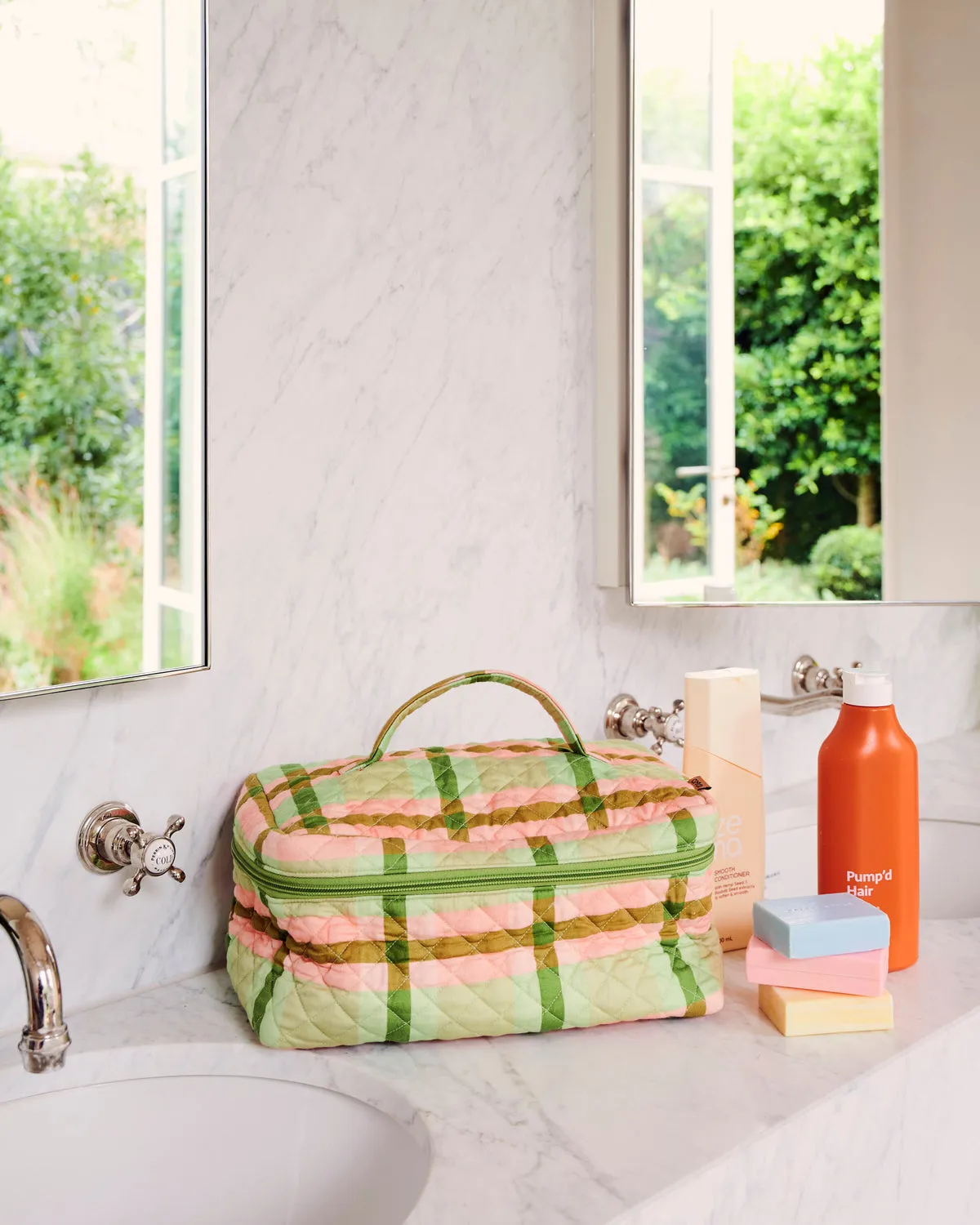 Pistachio Tartan Quilted Cotton Toiletry Case - Kip&Co