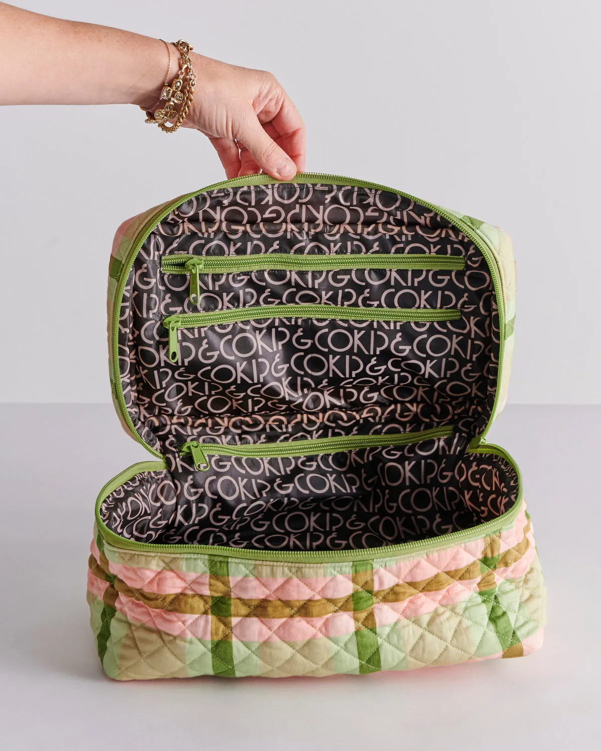 Pistachio Tartan Quilted Cotton Toiletry Case - Kip&Co