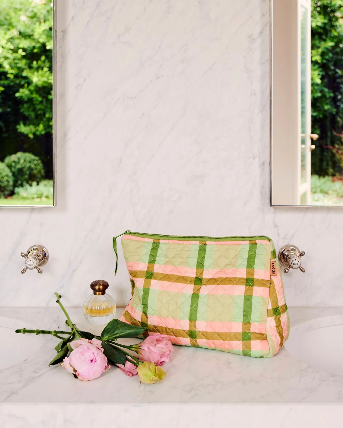 Pistachio Tartan Quilted Cotton Toiletry Purse - Kip&Co