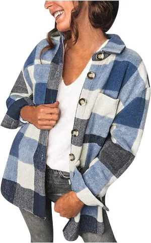 Plus Size Flannel Lapel Jacket Blouse Oversized Fall Shacket for Women Ladies Long Sleeve Fall Coat Plaid Long Shirt