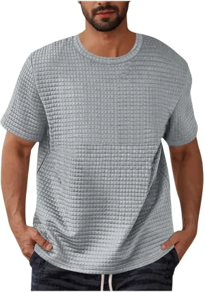 Plus Size Waffle Knit Shirt for Men Summer Crew Neck Short Sleeve Textured Tops Casual Solid Loose Comfy Soft Blouse