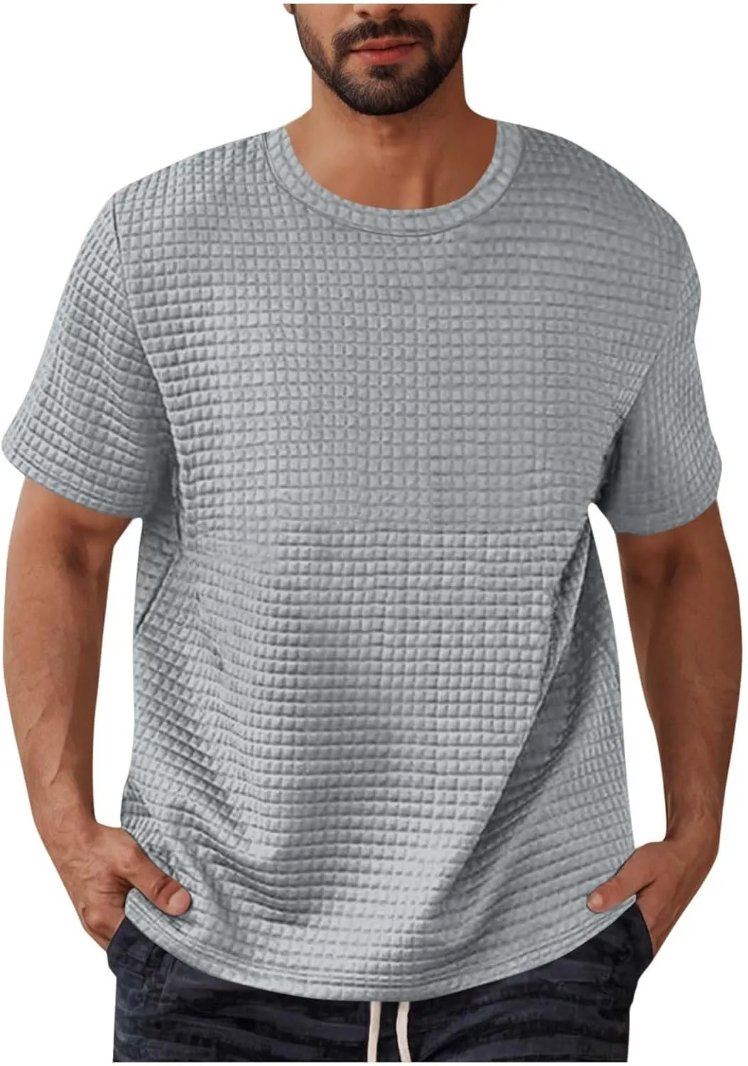 Plus Size Waffle Knit Shirt for Men Summer Crew Neck Short Sleeve Textured Tops Casual Solid Loose Comfy Soft Blouse