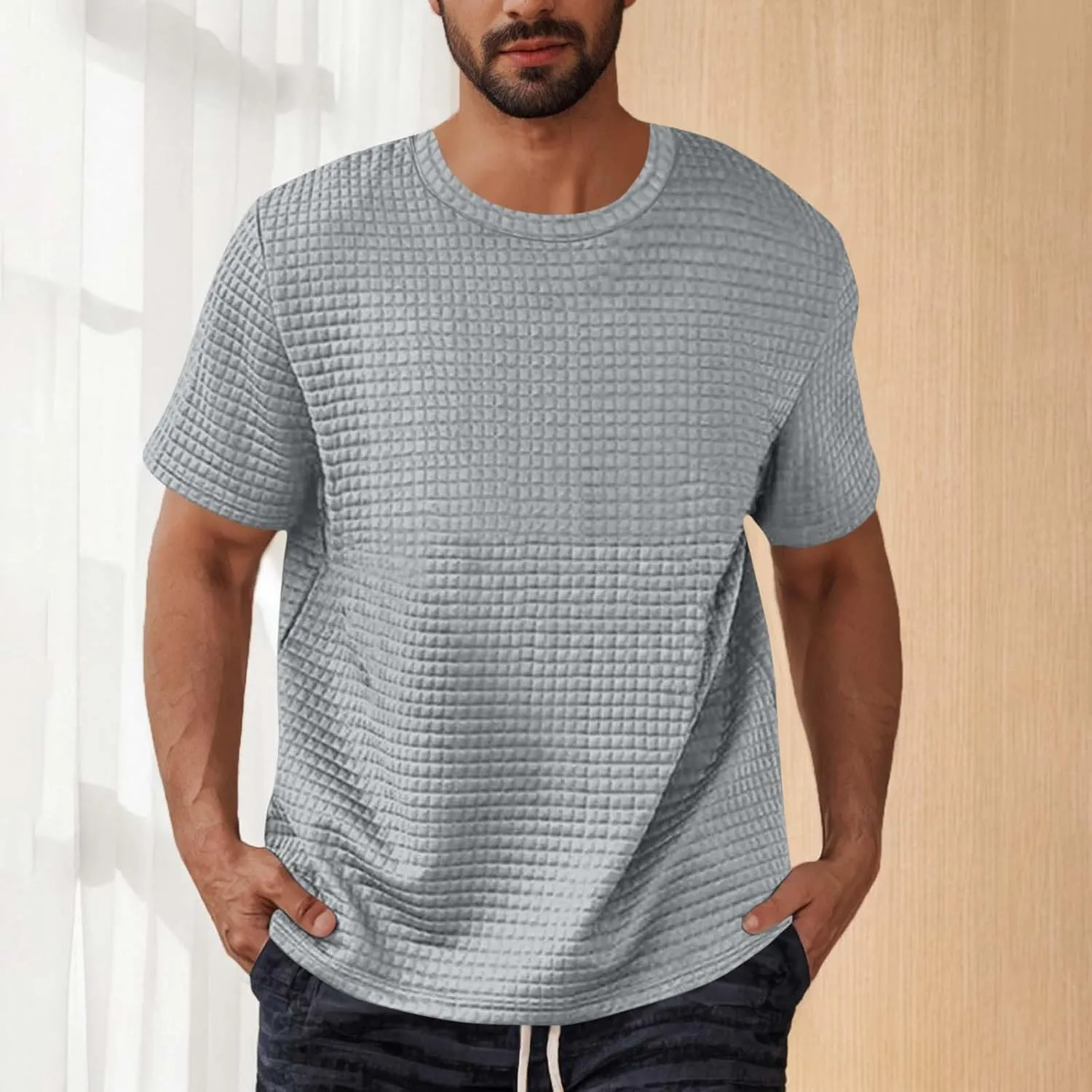 Plus Size Waffle Knit Shirt for Men Summer Crew Neck Short Sleeve Textured Tops Casual Solid Loose Comfy Soft Blouse