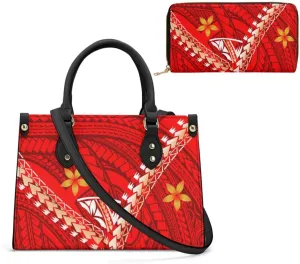 Polynesian Custom Handbag, A Two-Piece Set Of Women'S Single-Shoulder Bag And Wallet Samoan Tribal Pattern Design