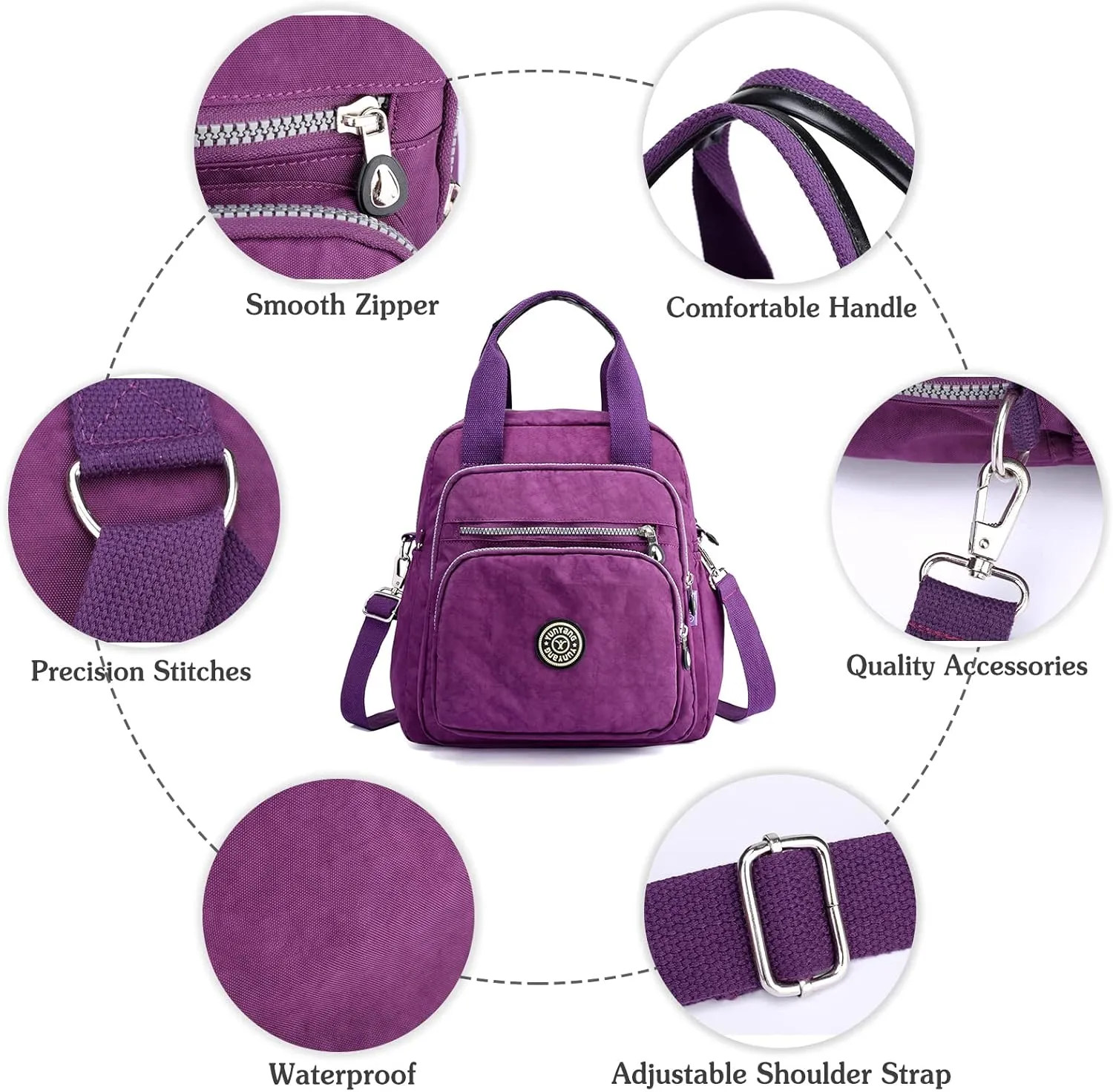 PORRASSO Casual Backpack Women Shoulder Bag Ladies Crossbody Bag Nylon Handbag Daypack for Work Travel Daily Use Purple