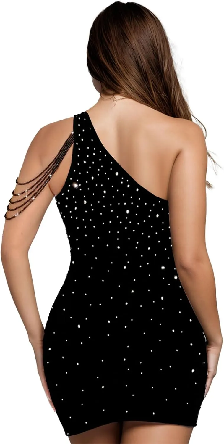 PORRCEY Women's Sexy Elegant Rhinestone Long Sleeve Night Club Dress Party Clubwear Sparkly Evening Dress
