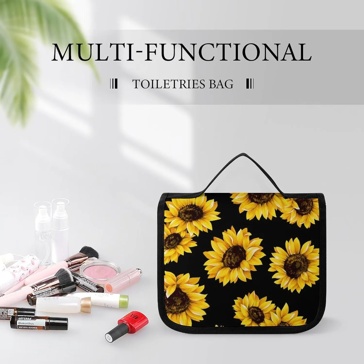 Portable Hanging Toiletry Bag, Large Cosmetic Travel Bag for Women Men, Yellow Sunflowers Waterproof Makeup Organizer for Bathroom Shower