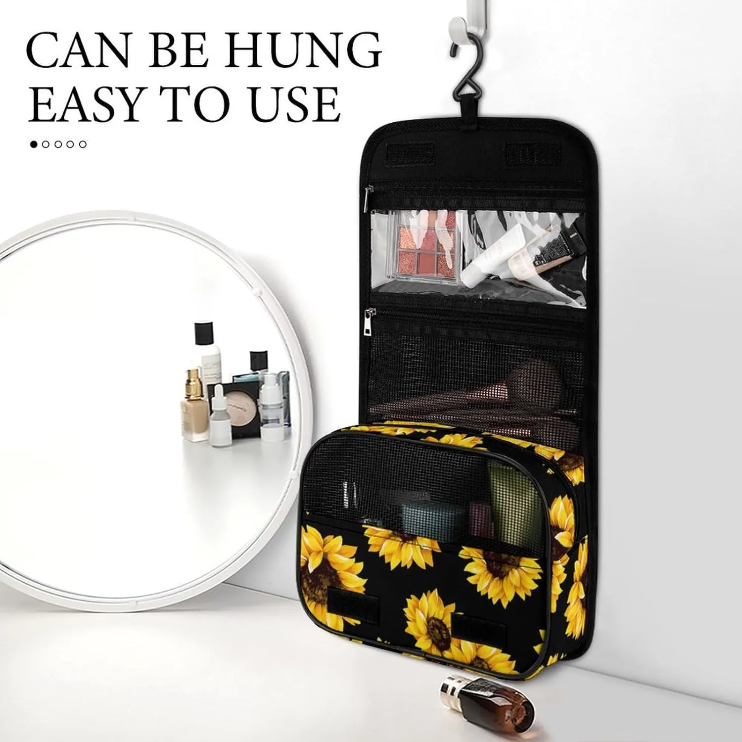 Portable Hanging Toiletry Bag, Large Cosmetic Travel Bag for Women Men, Yellow Sunflowers Waterproof Makeup Organizer for Bathroom Shower