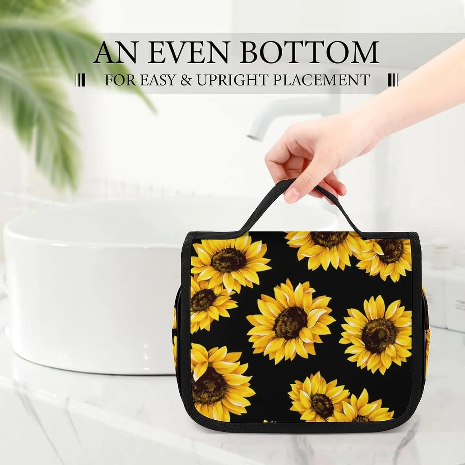 Portable Hanging Toiletry Bag, Large Cosmetic Travel Bag for Women Men, Yellow Sunflowers Waterproof Makeup Organizer for Bathroom Shower
