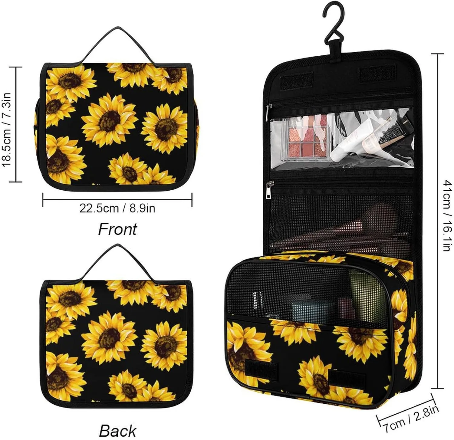 Portable Hanging Toiletry Bag, Large Cosmetic Travel Bag for Women Men, Yellow Sunflowers Waterproof Makeup Organizer for Bathroom Shower