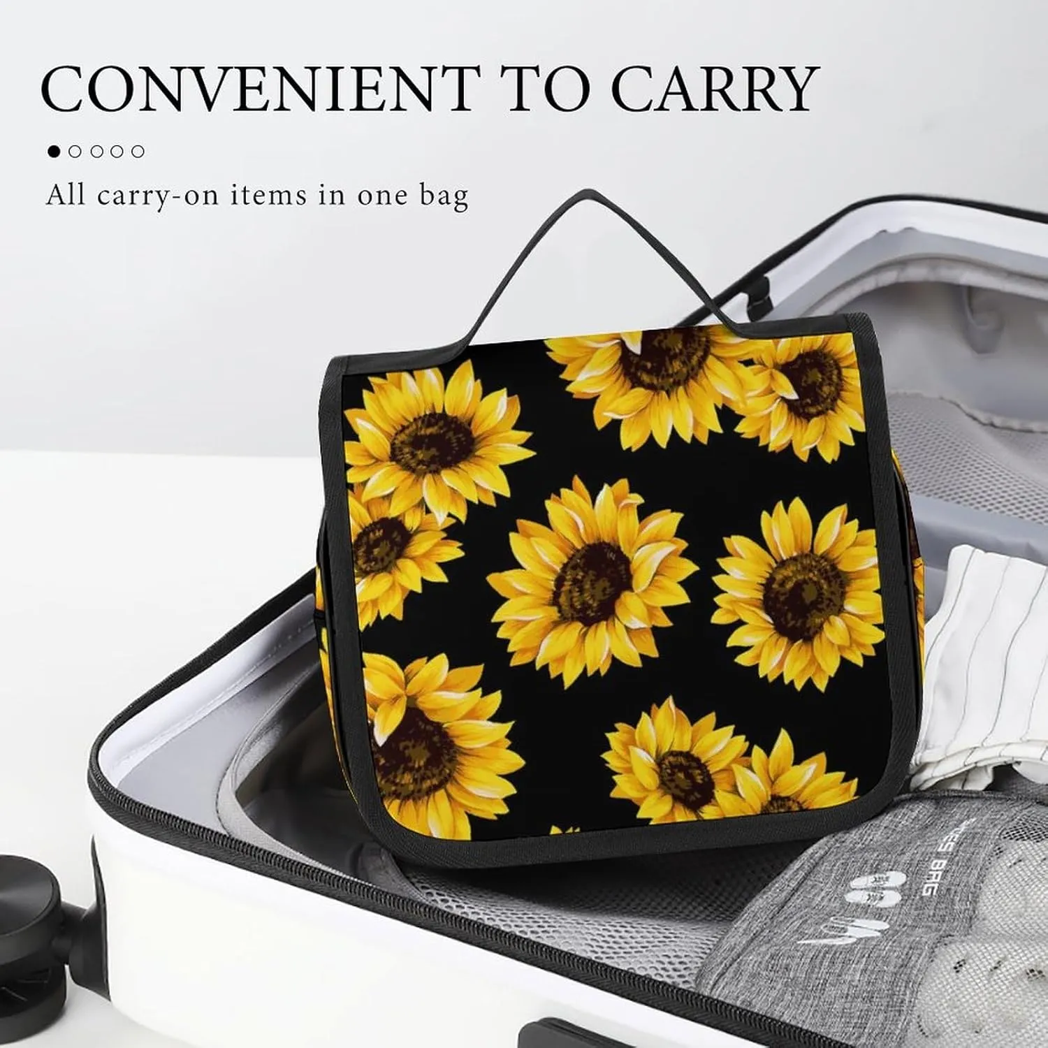 Portable Hanging Toiletry Bag, Large Cosmetic Travel Bag for Women Men, Yellow Sunflowers Waterproof Makeup Organizer for Bathroom Shower