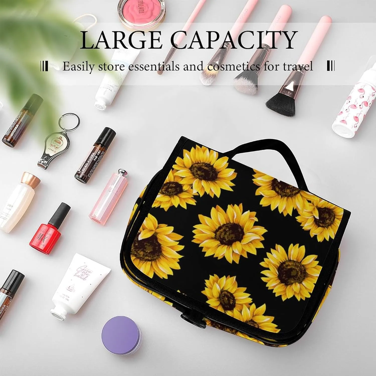 Portable Hanging Toiletry Bag, Large Cosmetic Travel Bag for Women Men, Yellow Sunflowers Waterproof Makeup Organizer for Bathroom Shower