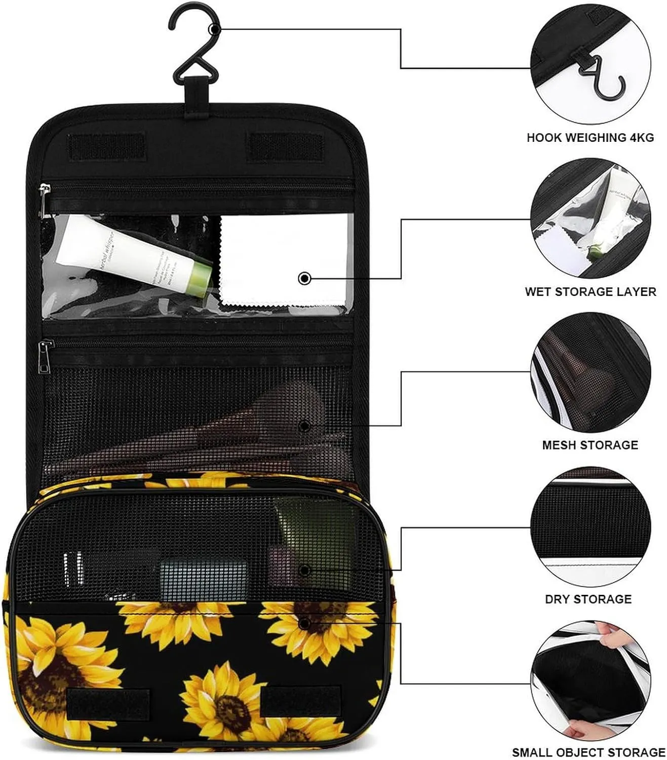 Portable Hanging Toiletry Bag, Large Cosmetic Travel Bag for Women Men, Yellow Sunflowers Waterproof Makeup Organizer for Bathroom Shower