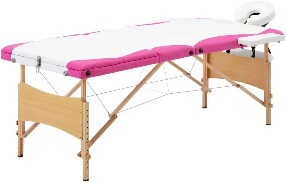 Portable Massage Table, 3-Section Design, Adjustable Height, Comfortable Foam Padding, Faux Leather Surface, Includes Carry Bag, White and Pink