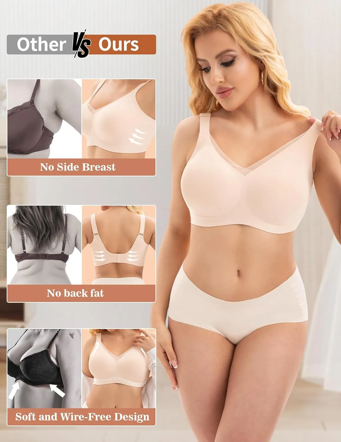 PoseFree Womens Wireless Bras Supportive Tshirt Bra No Underwire Seamless Push Up V Mesh Comfortable Bralette Everyday Bras