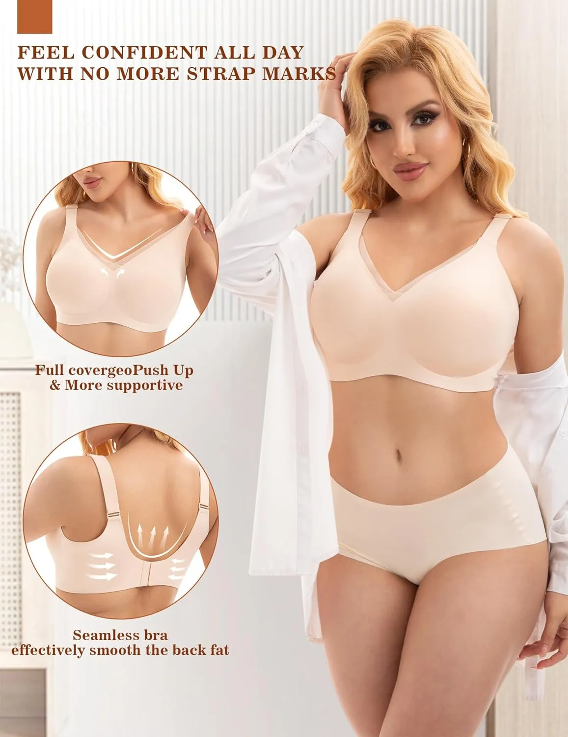 PoseFree Womens Wireless Bras Supportive Tshirt Bra No Underwire Seamless Push Up V Mesh Comfortable Bralette Everyday Bras